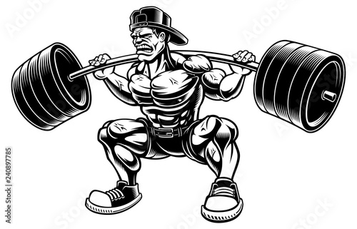 Vector illustration of Bodybuilder doing squats with barbell