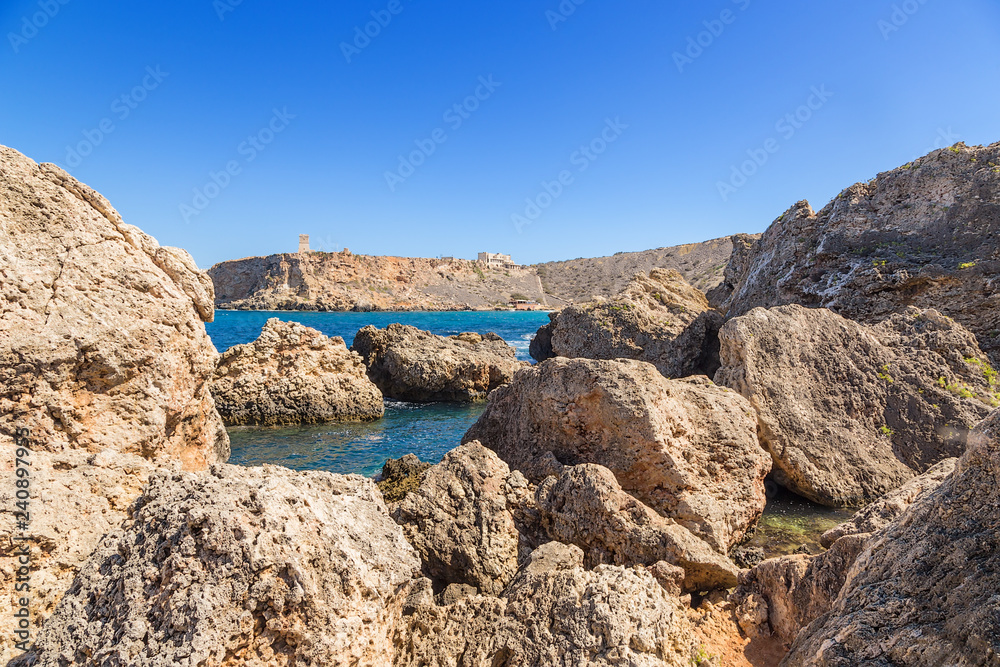 Manikata, Malta. The picturesque shores of the Għajn Tuffieħa Bay