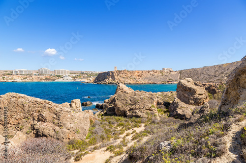 Manikata, Malta. Sunny day on the shores of the Għajn Tuffieħa Bay