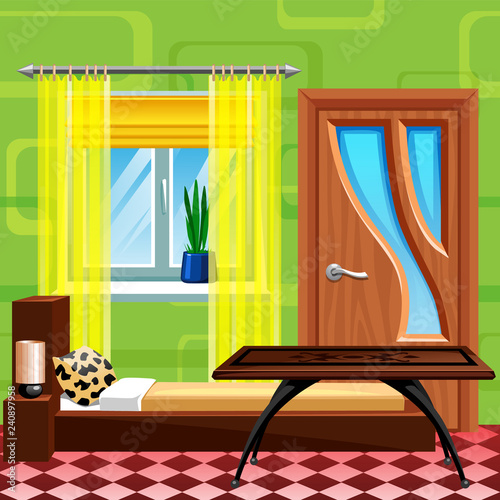 vector illustration of furniture comfort room interior design background green blue brown