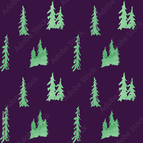 winter seamless pattern with glittering fir trees in forest