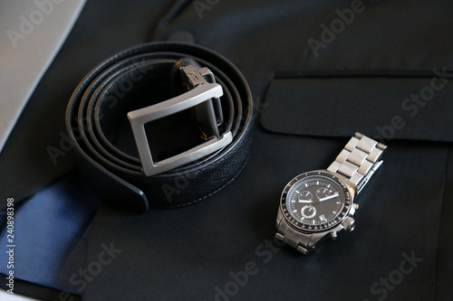 Leather belt and watch, set of men wedding accessories or businessman
