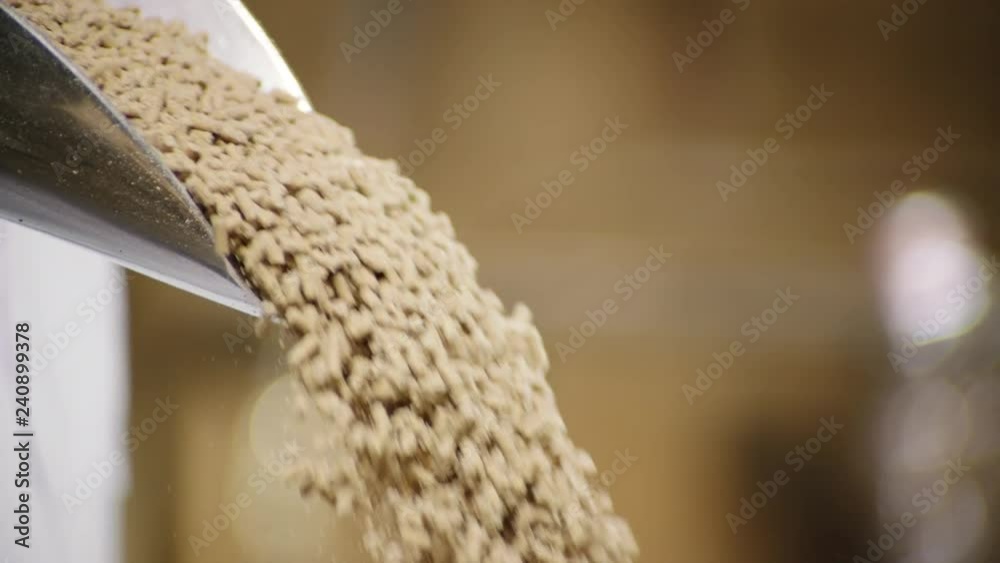 Chicken food at scoop falling ,  Slow motion shot