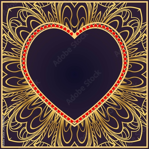 Vintage greeting card with heart and floral ornament. Template frame for greeting and wedding cards. Vector illustration