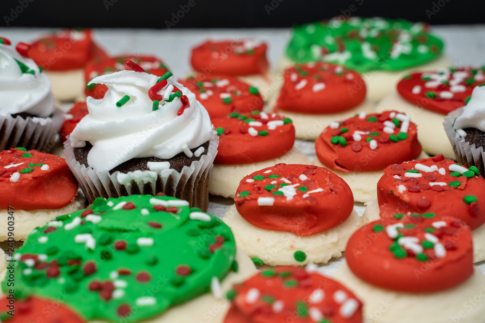 Festive Christmas holiday cupcakes and sugar cookie treats and sweets