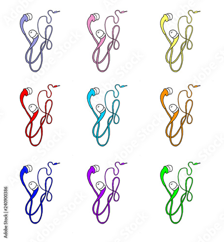 Illustration of several headphones of different colors