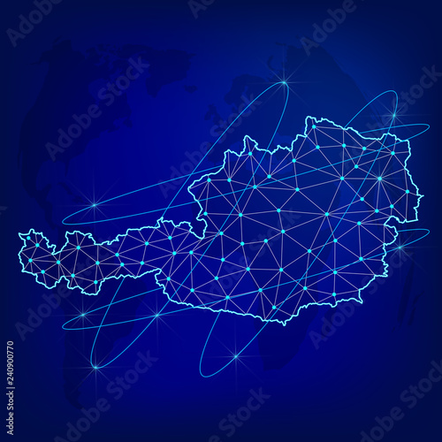 Global logistics network concept. Communications network map Austria on the world background. Map of Austria with nodes in polygonal style. Vector illustration EPS10. 