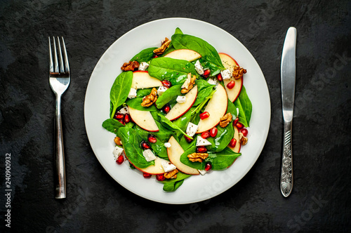 Spinach Salad, Apple, Pomegranate, Cheese, Walnut Salad on Concrete, Slate Background