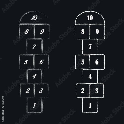Children's street game hopscotch drawn in chalk on the blackboard. Playground with numbers. Vector illustration
