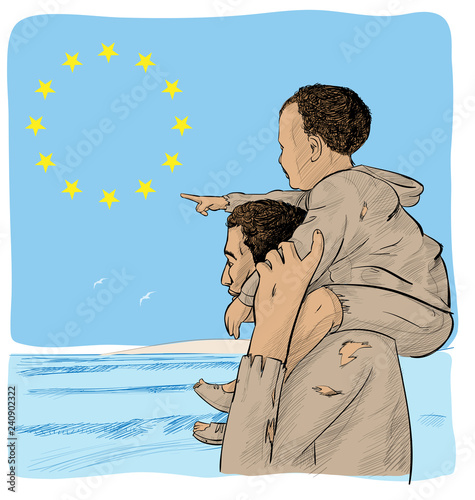 father and son immigrants in front of the European flag