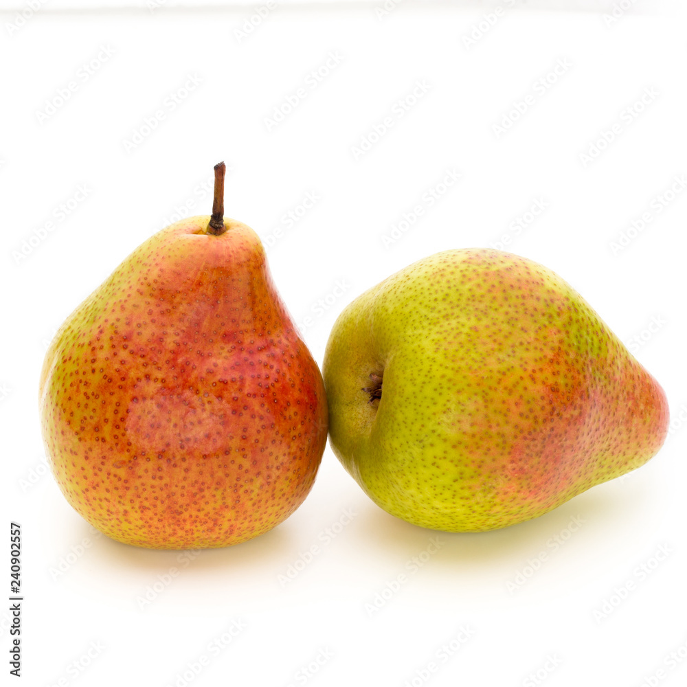 Fresh bio pear with leaves on isolated white background. Fresh bio pear with leaves on isolated white background.