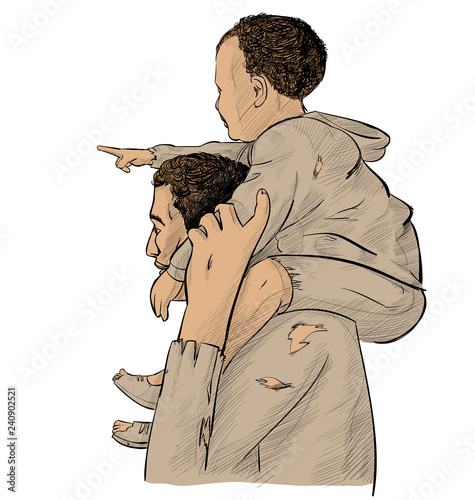 father with son above pointing the future isolated on white background