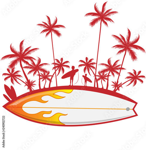 surfboard with palm tree isoalted on white. vector illustration