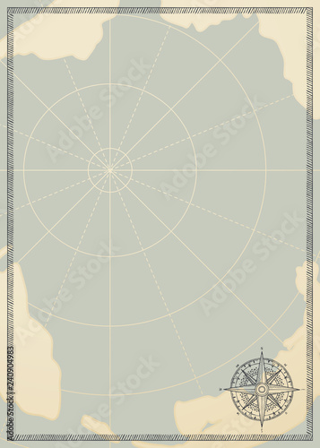 Old vintage paper with wind rose compass sign. Vector illustration on the theme of travel, adventure and discovery on the background of an old map. Pirate map concept.