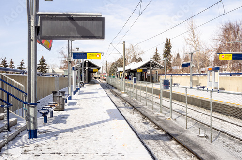 Light Rail Station covered in Snow on a Cold Winter Day