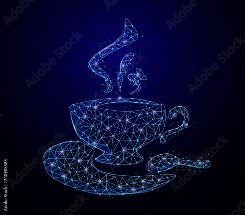 Mug of coffee, drink, liquid, hot coffee on a saucer with a spoon, on a dark background, vector illustration
