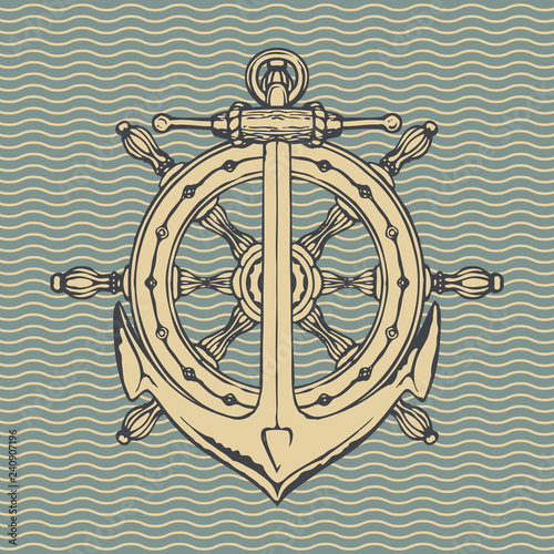 Vector banner with a ship anchor and steering wheel in retro style. Illustration on the theme of travel, adventure and discovery on the background of pattern with waves
