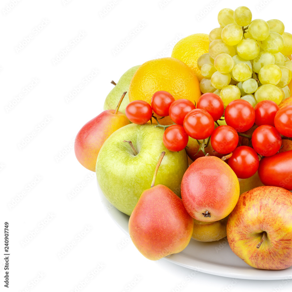 A set of fruits and vegetables isolated on white background. Free space for text. A set of fruits and vegetables isolated on white background. Free space for text.