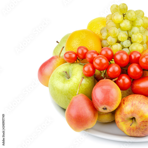 A set of fruits and vegetables isolated on white background. Free space for text.