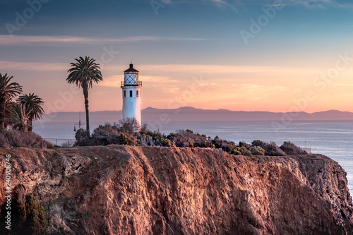 Beautiful coastal view of Point Vicente Lighthouse. Rancho Palos Verdes, California at sunset