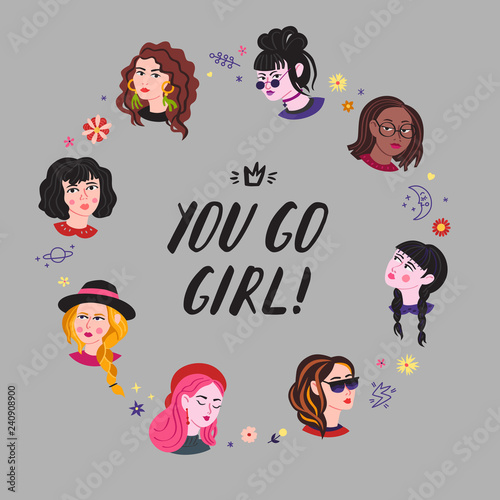 Young women heads & lettering illustration. You go girl!