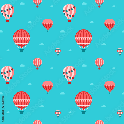 Aerostat in the sky flat seamless pattern. Red, pink and blue.