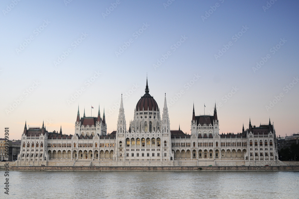 View of the Hungarian Parliament Building in Budapest against the background of the evening sky