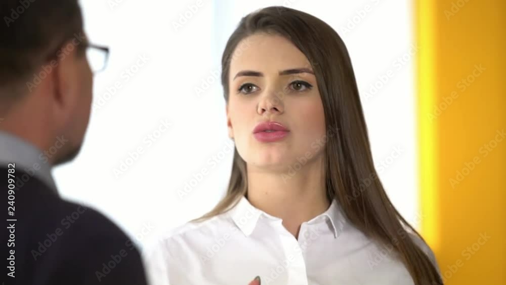 The average shooting plan, the big bad boss speaks to the subordinate in the office, the boss swears at the girl clerk, the manager discusses the project with the manager, conversation of the partners The average shooting plan, the big bad boss speaks to the subordinate in the office, the boss swears at the girl clerk, the manager discusses the project with the manager, conversation of the partners