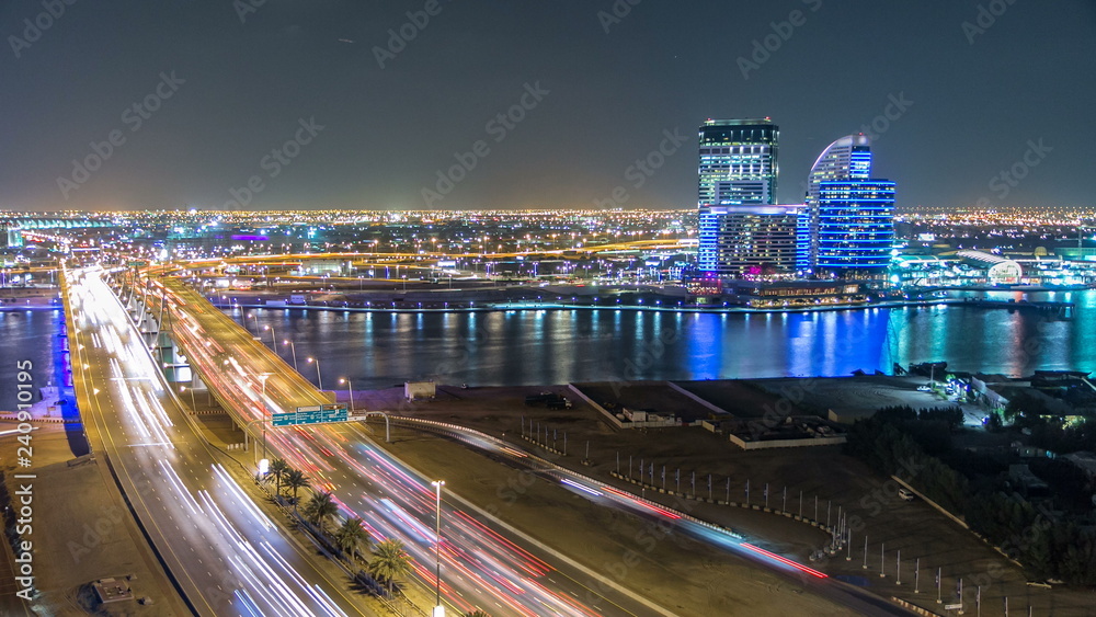 Business bay crossing bridge timelapse, 13-lane-bridge, over the Dubai Creek, opened in March 2007.