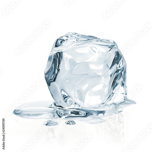 Melted clear ice cube isolated on white background 