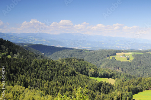 Stunning landscape in Austria with village, forest, mountain and cloud