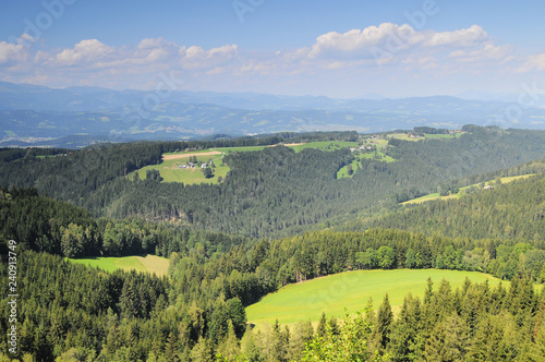 Stunning landscape in Austria with village, forest, mountain and cloud