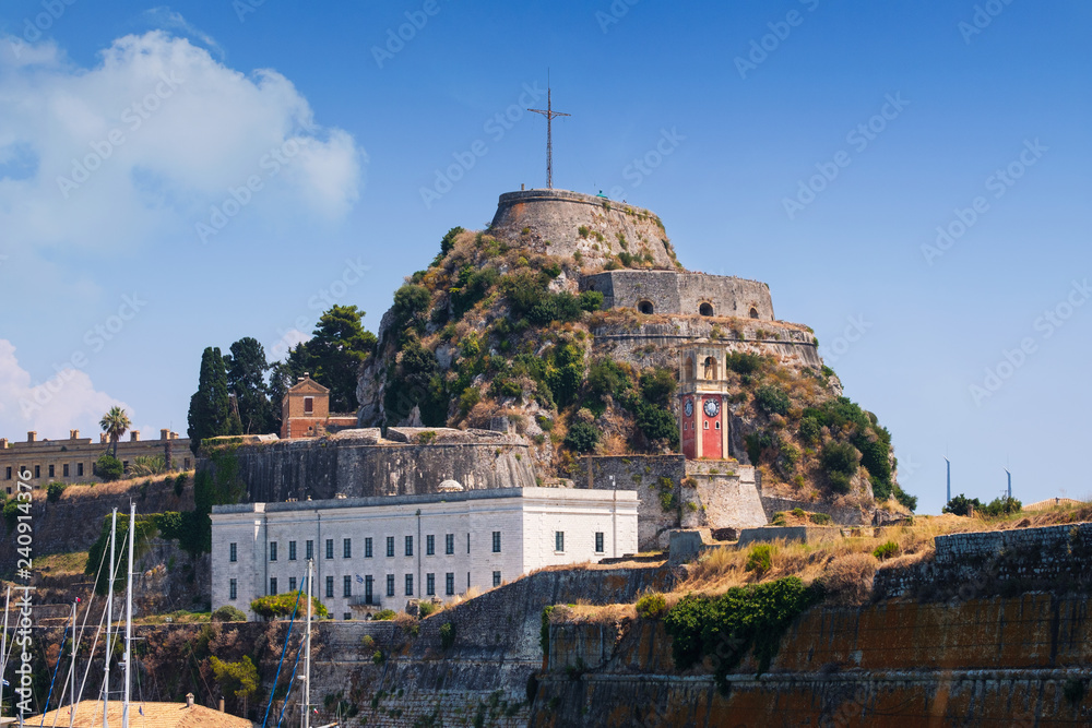 Beautiful island of Corfu and old fortress in the foreground of the wonderful blue sea  ( Kerkyra )