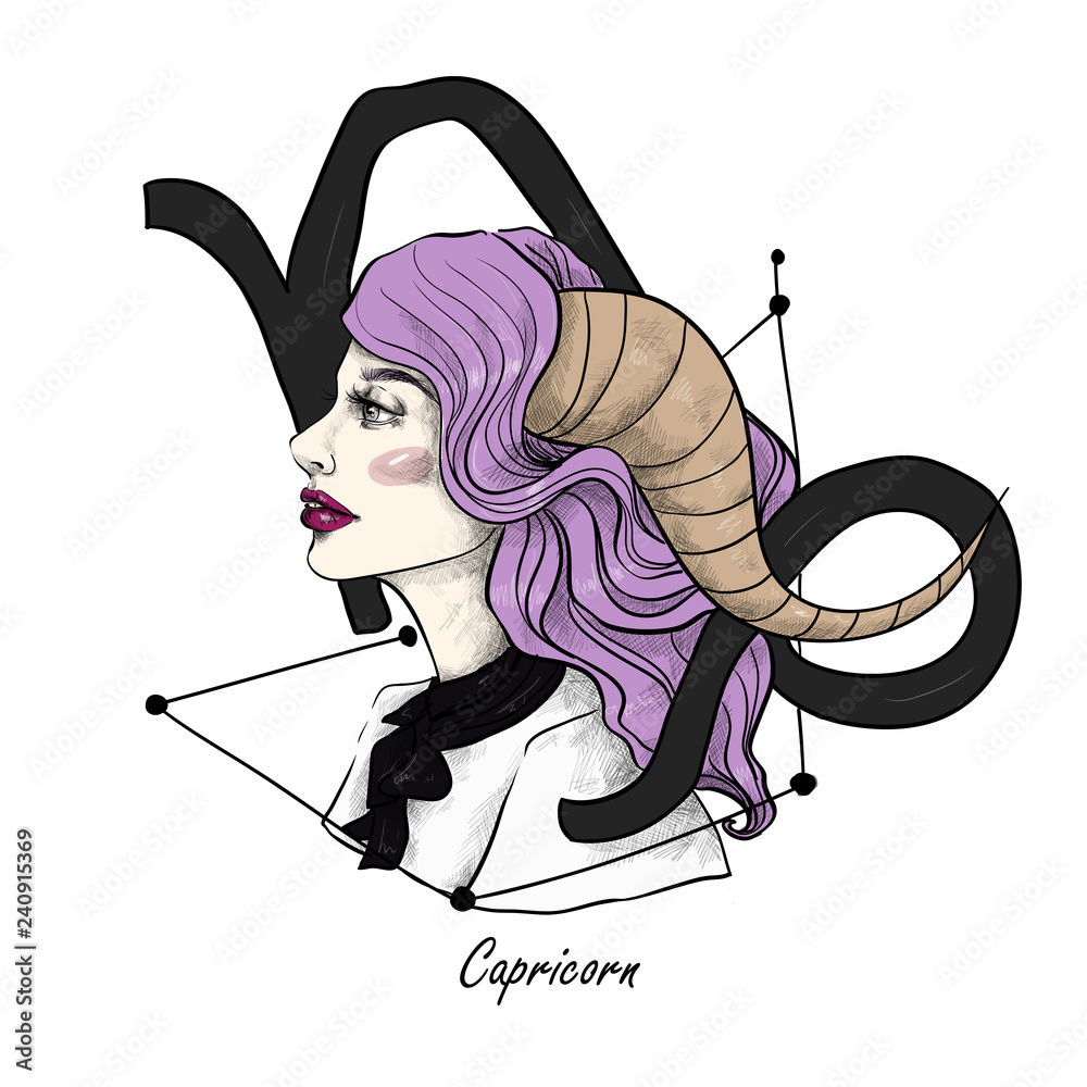 Zodiac sign Capricorn. Beautiful girl with horns on white isolated  background. Zodiac constellation ilustración de Stock | Adobe Stock