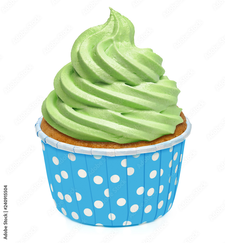 Cupcakes with whip mint or kiwi fruit cream icing isolated on white background Cupcakes with whip mint or kiwi fruit cream icing isolated on white background