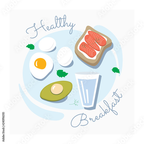 Healthy breakfast vector. Good nutrition with proteins and fats. Set of healthy food. Illustration salmon sandwich  eggs  avocado