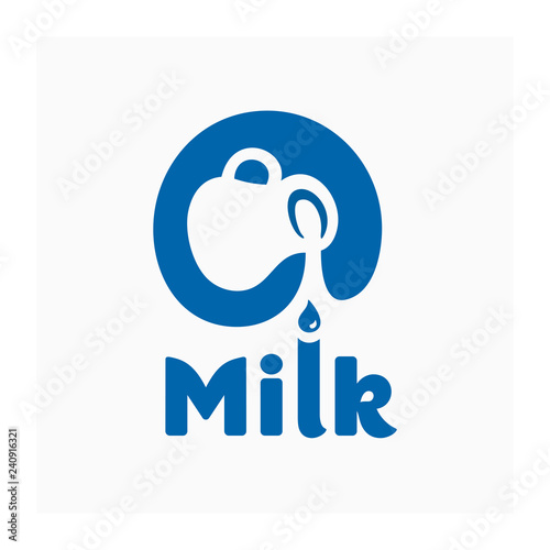 Dairy company logo with full jug of milk. Milk jug label. Vector Illustration named MILK on a gray background