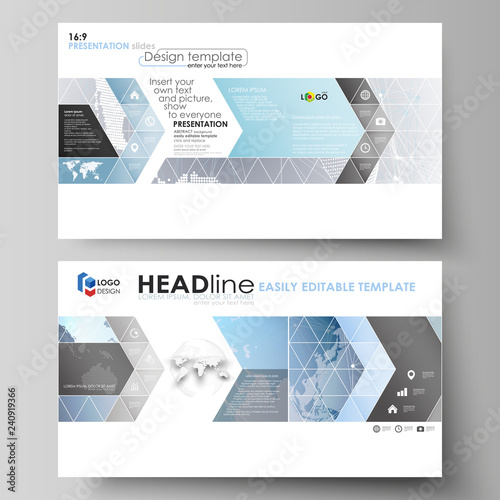 The minimalistic abstract vector illustration of the editable layout of high definition presentation slides design business templates. Technology concept. Molecule structure, connecting background.
