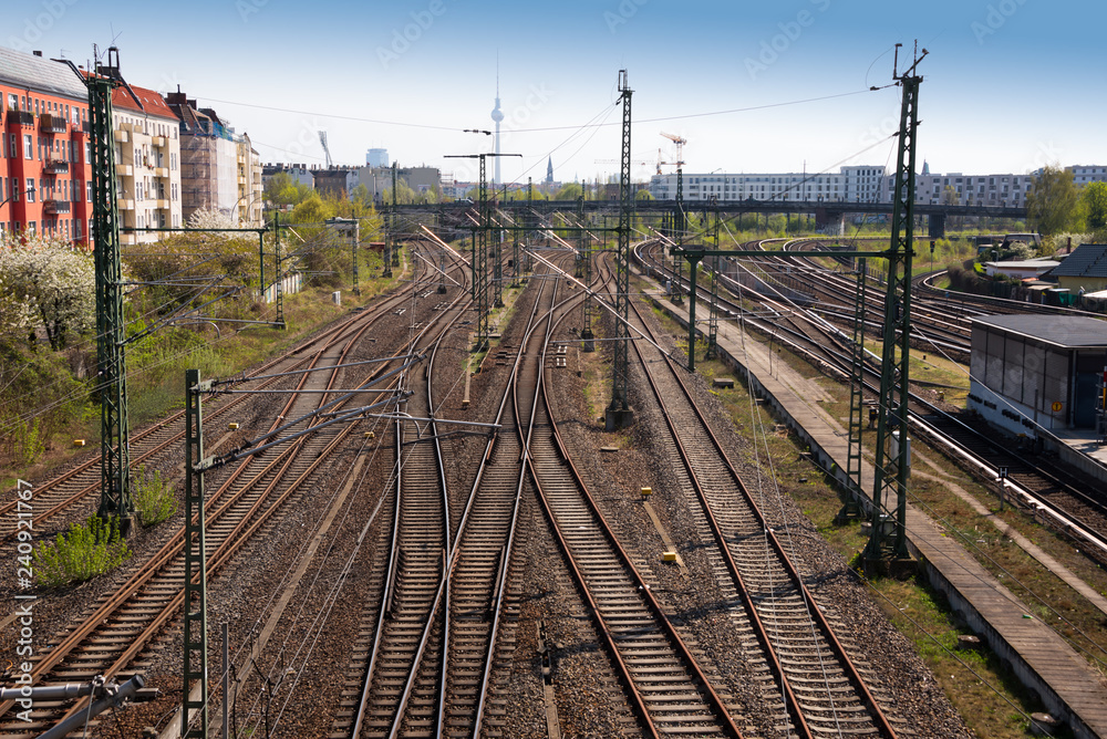 High angle view of railway tracks in Germany - multiple rail lines converging and receding into the distance High angle view of railway tracks in Germany - multiple rail lines converging and receding into the distance