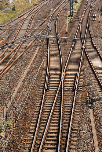 High angle view of railway tracks in Germany - multiple rail lines converging and receding into the distance