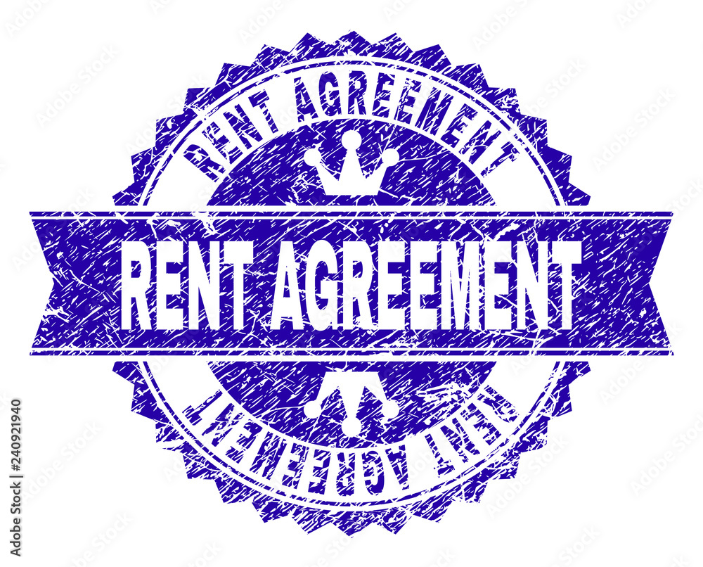 RENT AGREEMENT rosette stamp watermark with grunge style. Designed with round rosette, ribbon and small crowns. Blue vector rubber watermark of RENT AGREEMENT label with retro style. RENT AGREEMENT rosette stamp watermark with grunge style. Designed with round rosette, ribbon and small crowns. Blue vector rubber watermark of RENT AGREEMENT label with retro style.
