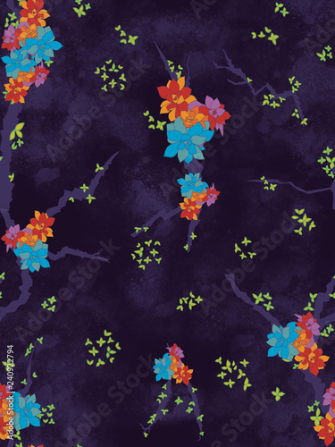 Flowers coming out of asphalt cracked road dark texture. Seamless pattern. Colorful flowers on a street