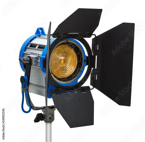 Tungsten Fresnel spotlight with barn doors isolated on white background including clipping paths