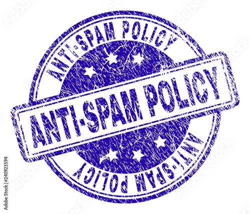 ANTI-SPAM POLICY stamp seal imprint with distress texture. Designed with rounded rectangles and circles. Blue vector rubber print of ANTI-SPAM POLICY caption with dust texture.
