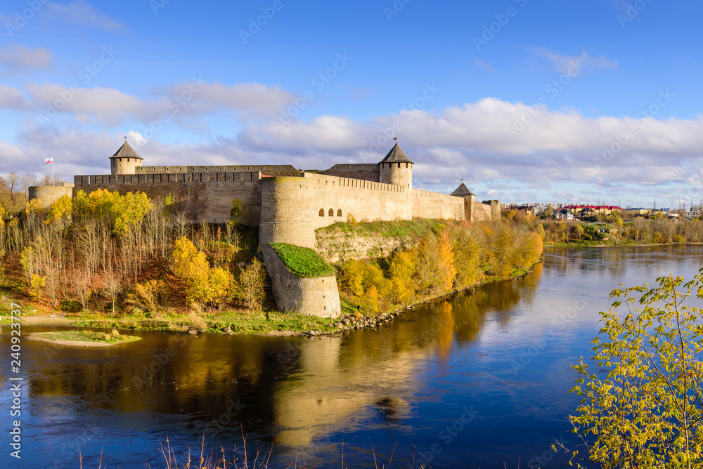 the ancient Russian fortress in Ivangorod, the monument and popular tourist attraction on the border with Estonia, Ivangorod, Russia