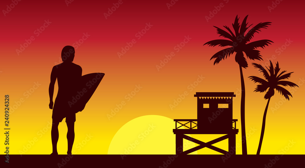 Naklejka premium Surfer i ratownik na niebie słońca.