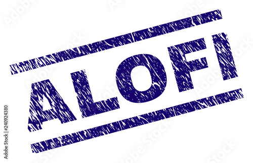 ALOFI seal print with scratced style. Blue vector rubber print of ALOFI text with unclean texture. Text tag is placed between parallel lines.