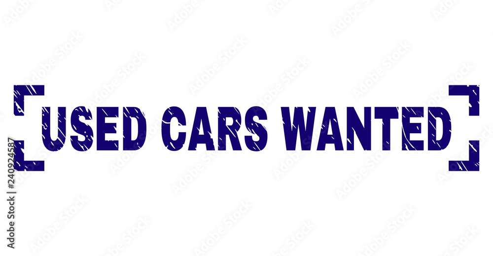 USED CARS WANTED tag seal print with grunge texture. Text label is placed between corners. Blue vector rubber print of USED CARS WANTED with unclean texture.