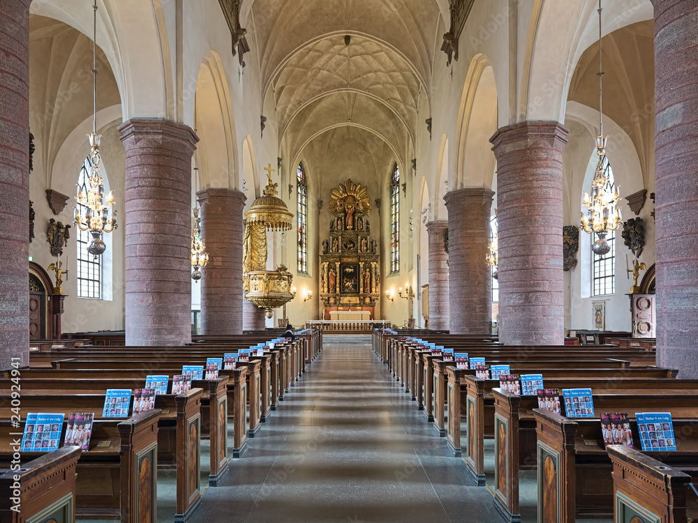 Interior of Saint James's Church (Sankt Jacobs kyrka) in Stockholm, Sweden. The first church on this place is first mentioned in 1311. The current church was consecrated on November 26, 1643.