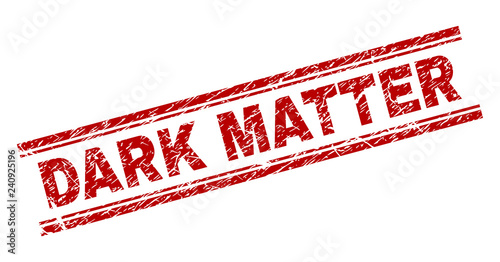 DARK MATTER seal print with distress texture. Red vector rubber print of DARK MATTER label with unclean texture. Text label is placed between double parallel lines.